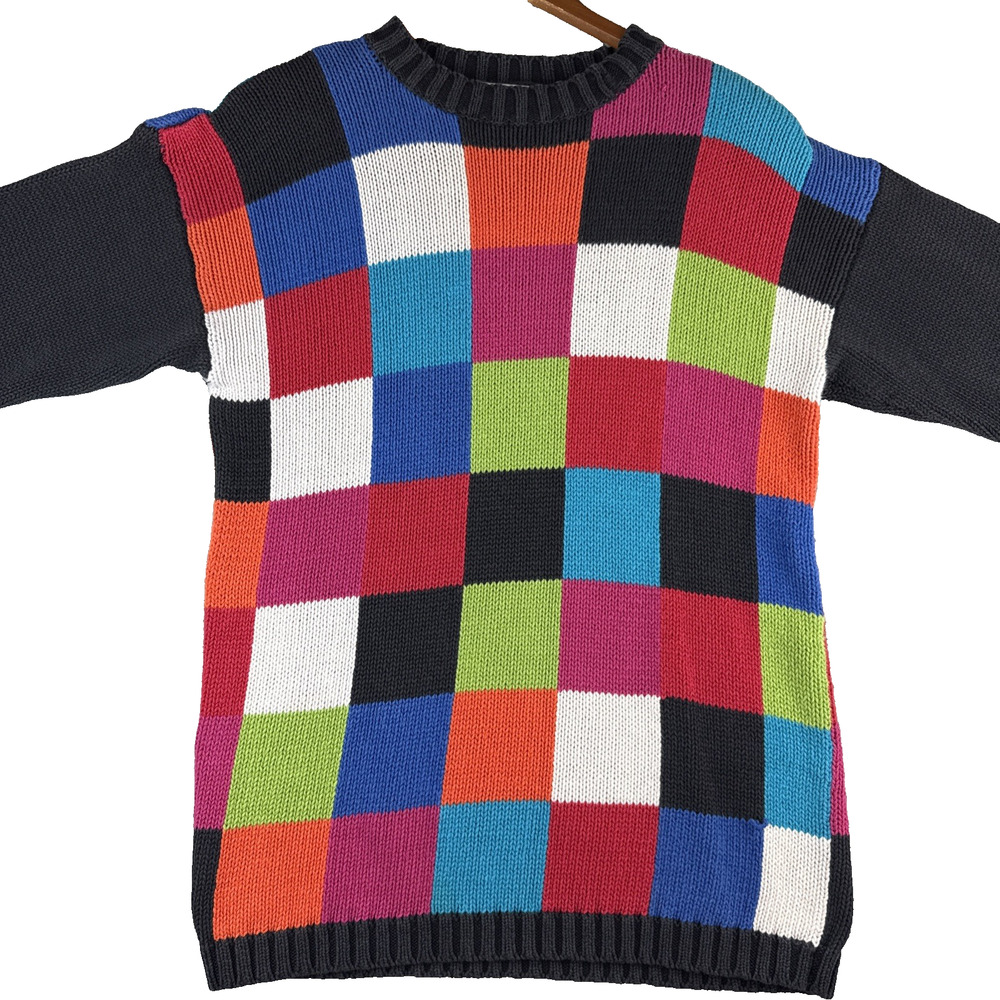 Women's Sweater Long Sleeve Jumper Medium Colorful Shoulder Pad Check Pullover